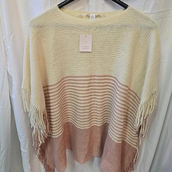 Lauren Conrad Knit Poncho Pullover Shawl Sweater‎ Ivory Rose Pink With Fringe OS - Picture 10 of 12